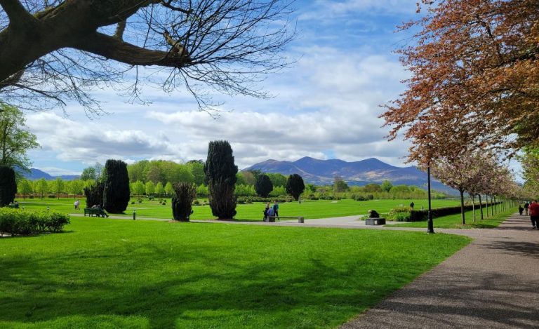 View of Killarney National Park overlooking the mountain range and Killarney Gardens from Killarney House.