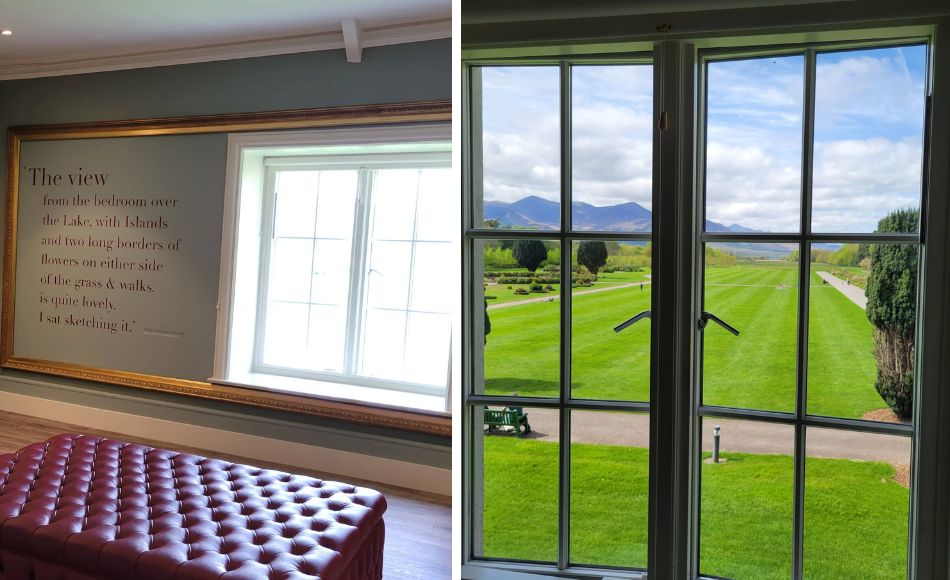Two photos side by side, one of a window in the Killarney house exhibit and the other of the view outside.