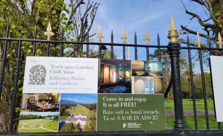 View of the ornate entrance gate at Killarney House and Gardens.