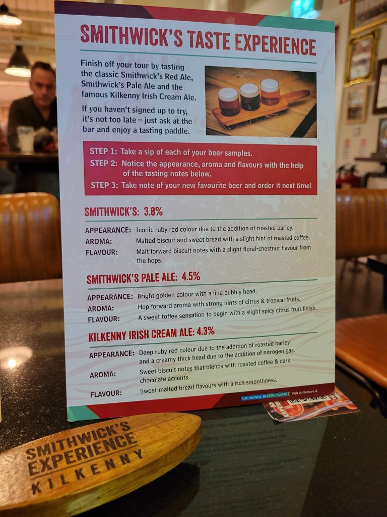 View of the tasting menu in the Smithwick's brewery.